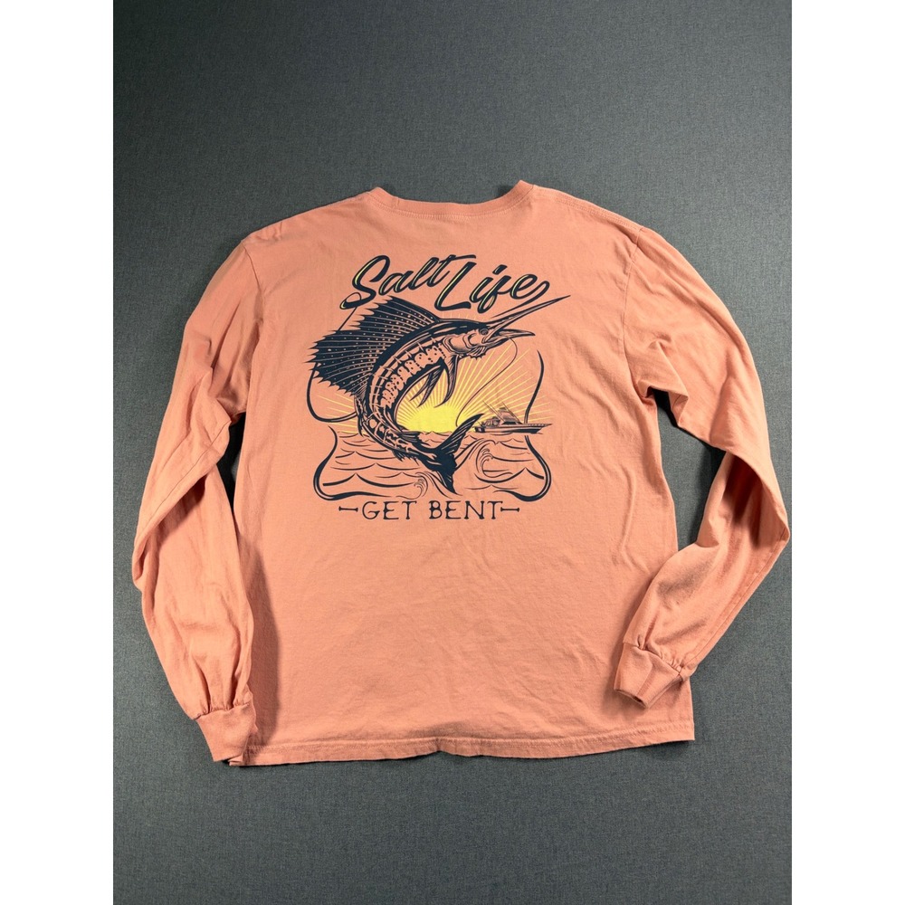 Salt Life Mens Long Sleeve Pocket T-Shirt Salmon Pink Get Bent Marlin Graphic M